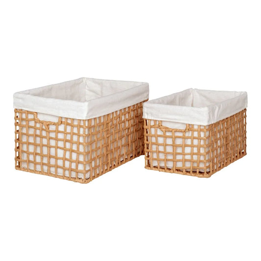 Set 2 cosuri depozitare din Metal/Hartie impletita/Textil Maro/Alb H19/22xL30/35cm Bustelo