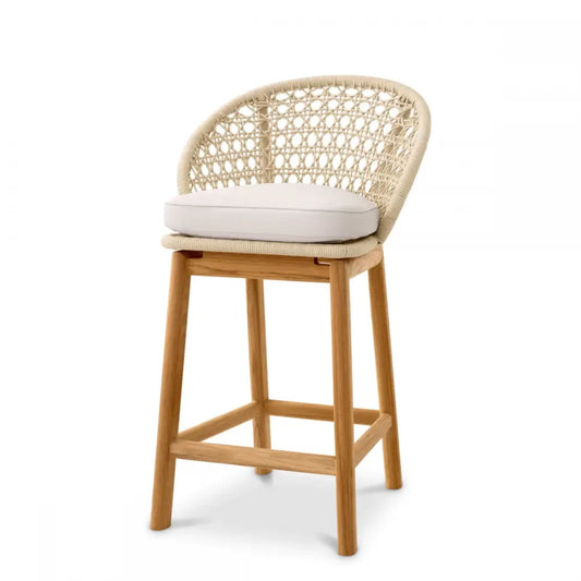 Scaun de insula pentru exterior din Lemn de tec Maro si Stofa Alb H92xL53.5xA41cm Trinity Eichholtz