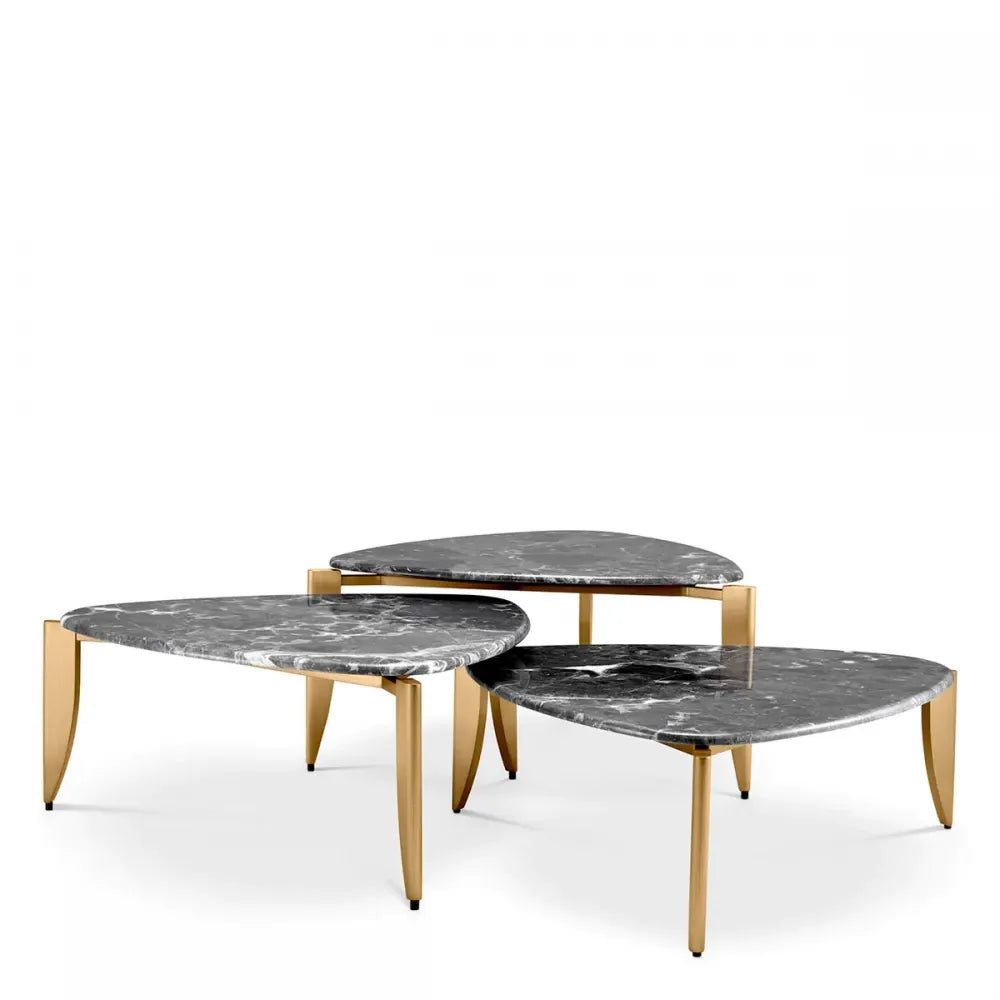 Set 3 masute de cafea Triunghiulare din Metal Alama si Marmura Gri L83.5xl87cm Regioni Eichholtz