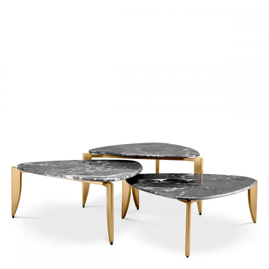 Set 3 masute de cafea Triunghiulare din Metal Alama si Marmura Gri L83.5xl87cm Regioni Eichholtz
