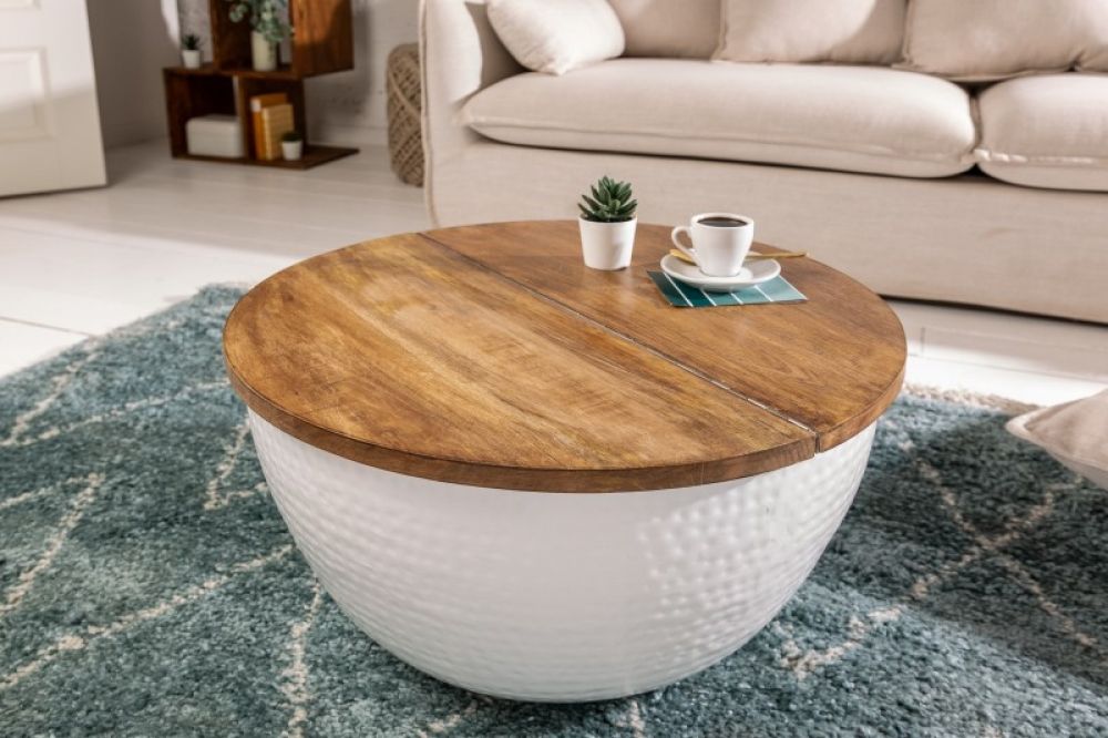 Masuta de cafea rotunda din lemn masiv de mango si Metal Maro/Alb D60xH31cm Orient Storage