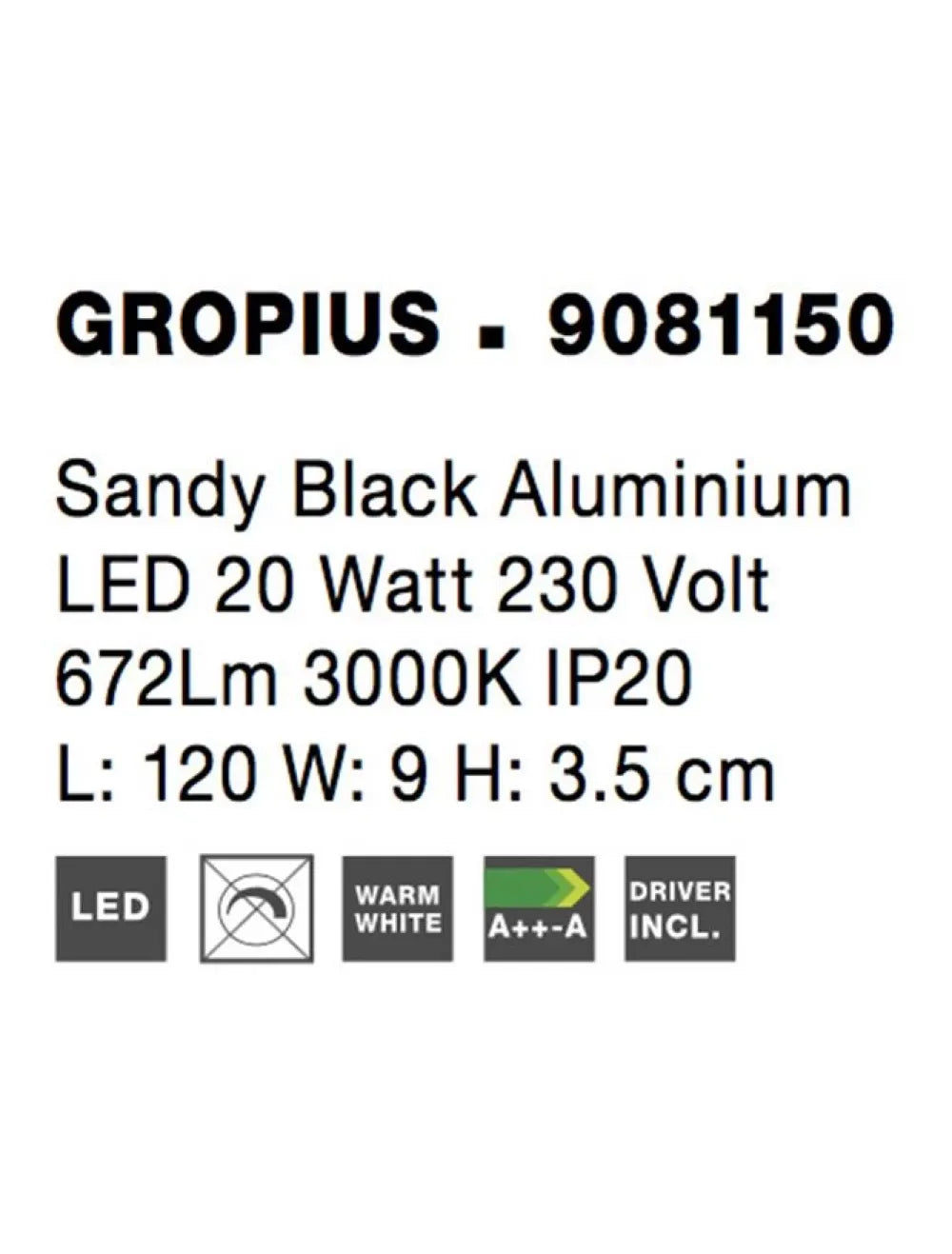Aplica de perete din Aluminiu Negru H3.5xL120cm IP20 20W 672lm 3000k GROPIUS