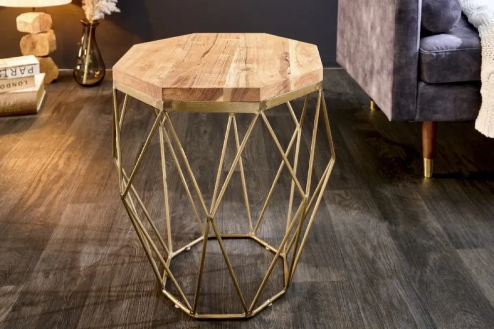 Masuta laterala Rotunda din Lemn masiv de salcam Maro si Metal Auriu L50xH50cm Diamond