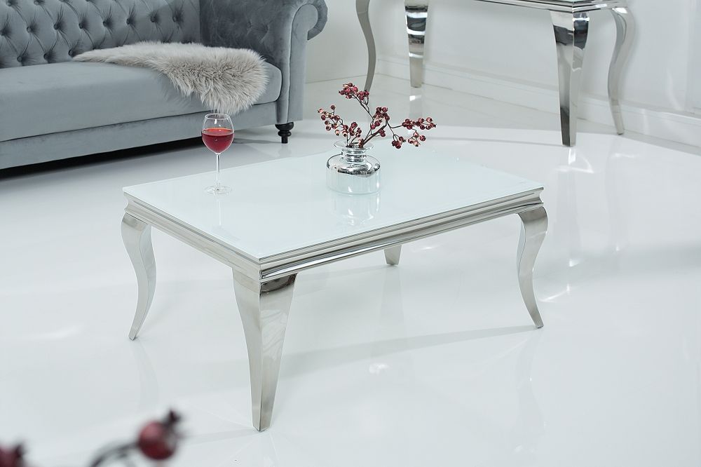 Masuta de cafea Dreptunghiulara din Sticla si Otel inoxidabil Alb/Argintiu L100xH45cm Barock