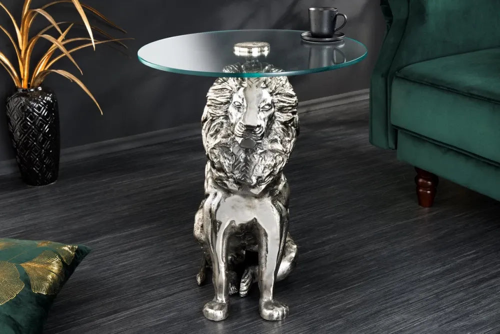 Masuta laterala din Sticla securizata Transparent si Metal Argintiu L45xH57cm Wildlife lion