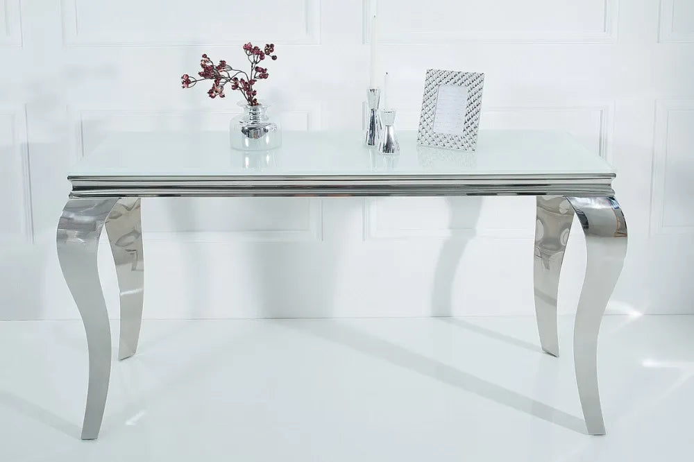 Consola din Sticla securizata Alb si Metal Argintiu L140xH75cm MODERN BAROCK