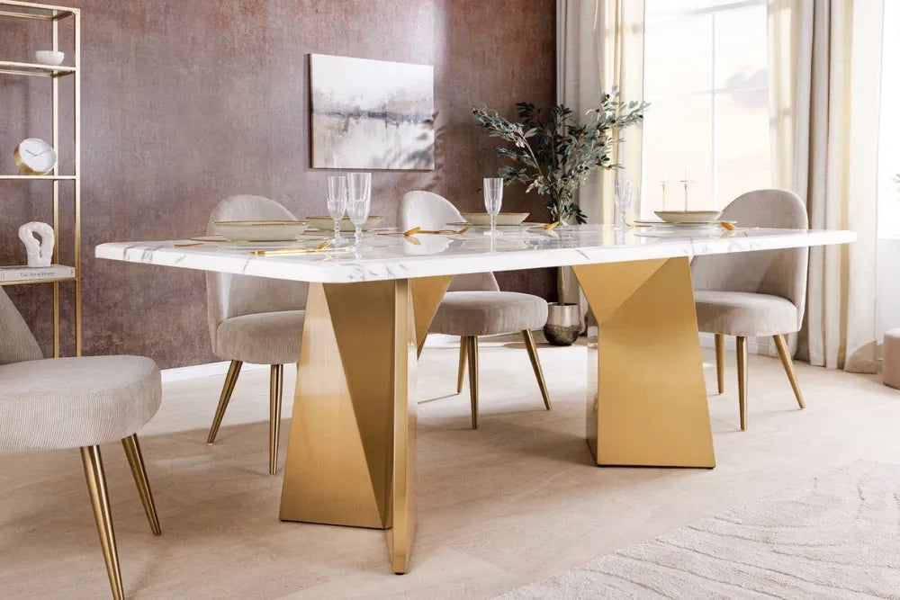 Masa din Marmura Alb si Metal Auriu L200xH76cm Extravagancia