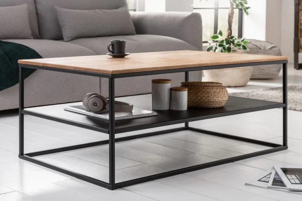Masuta de cafea Dreptunghiulara din Lemn masiv de stejar Maro si Metal Negru L95xH40cm Apartment