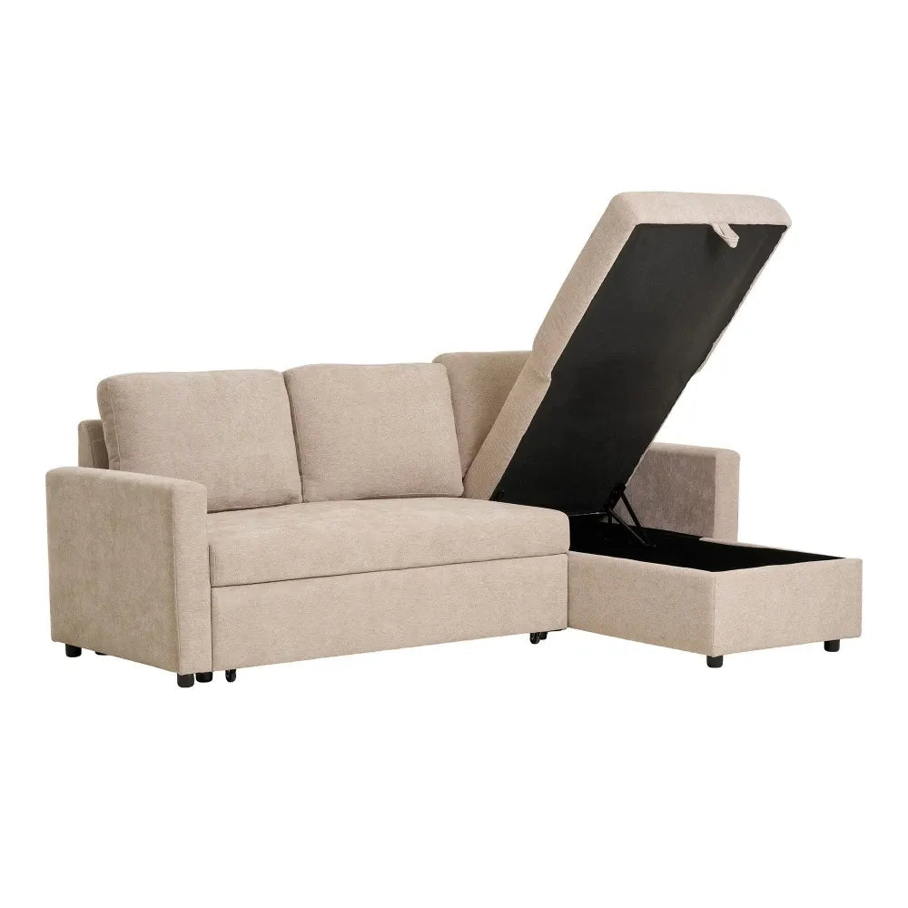 Coltar extensibil cu orientare reversibila si spatiu depozitare tapitat cu Stofa Bej L218xH87cm Belfast