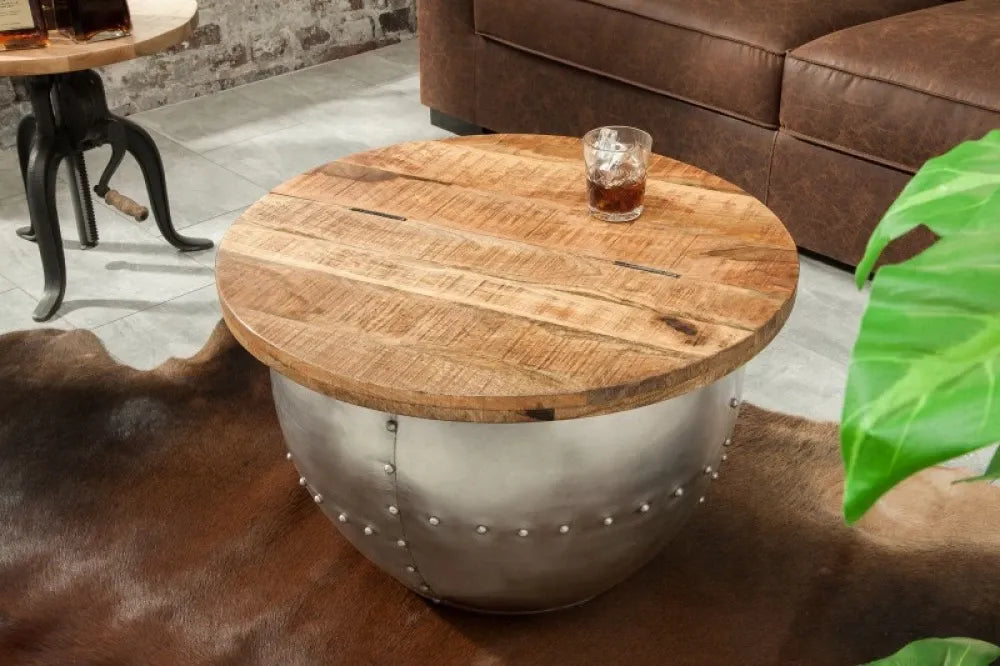 Masuta de cafea Rotunda din Lemn masiv de mango Maro si Metal Argintiu D68xH44cm Drum Storage