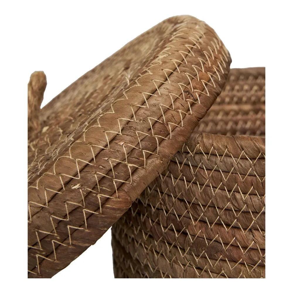 Set 2 cosuri depozitare cu capac impletite natural Maro H14/16xD21/24cm Desio