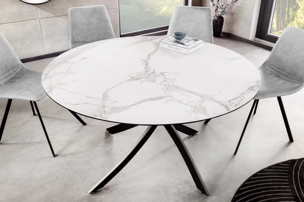 Masa rotunda din Sticla securizata/Ceramica Alb si Metal Negru D120xH74cm Alpine