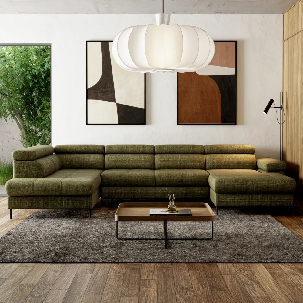 Colat U extensibil tapitat cu Chenille Verde cu lada depozitare Cordoba III
