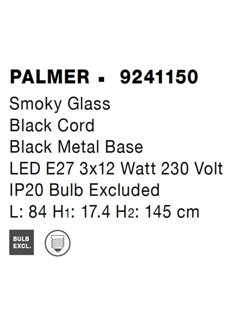 Lustra structura din Metal Negru si abajur din Sticla Fumuriu H145xL84cm IP20 PALMER