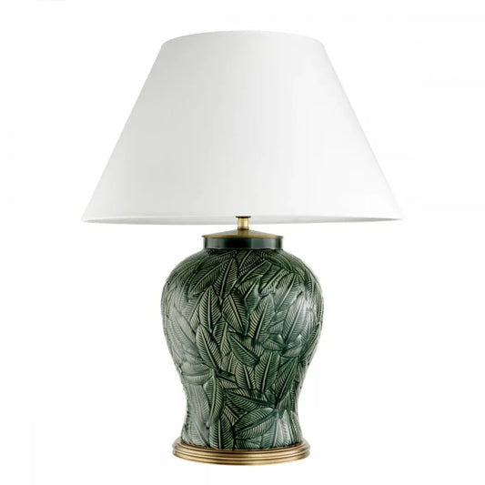 Veioza din Metal/Ceramica Alama/Verde si Textil Alb H85xD65cm Cyprus Eichholtz