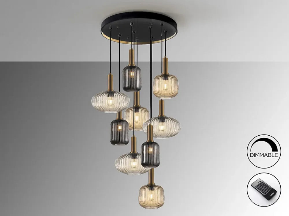 Candelabru cu telecomanda 9 becuri din Metal Negru si Sticla Multicolor H320xD80cm Norma