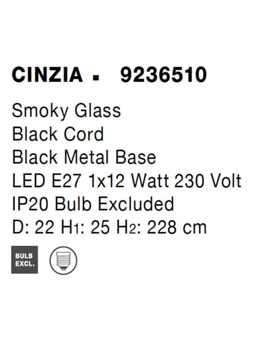 Pendul structura din Metal Negru si abajur din Sticla Fumuriu H228xL22cm IP20 CINZIA