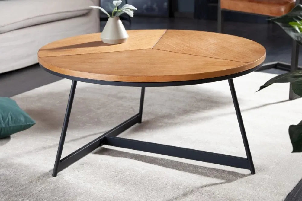 Masuta de cafea Rotunda din MDF furniruit cu lemn de stejar Maro si Metal Negru D80xH42cm Elegance