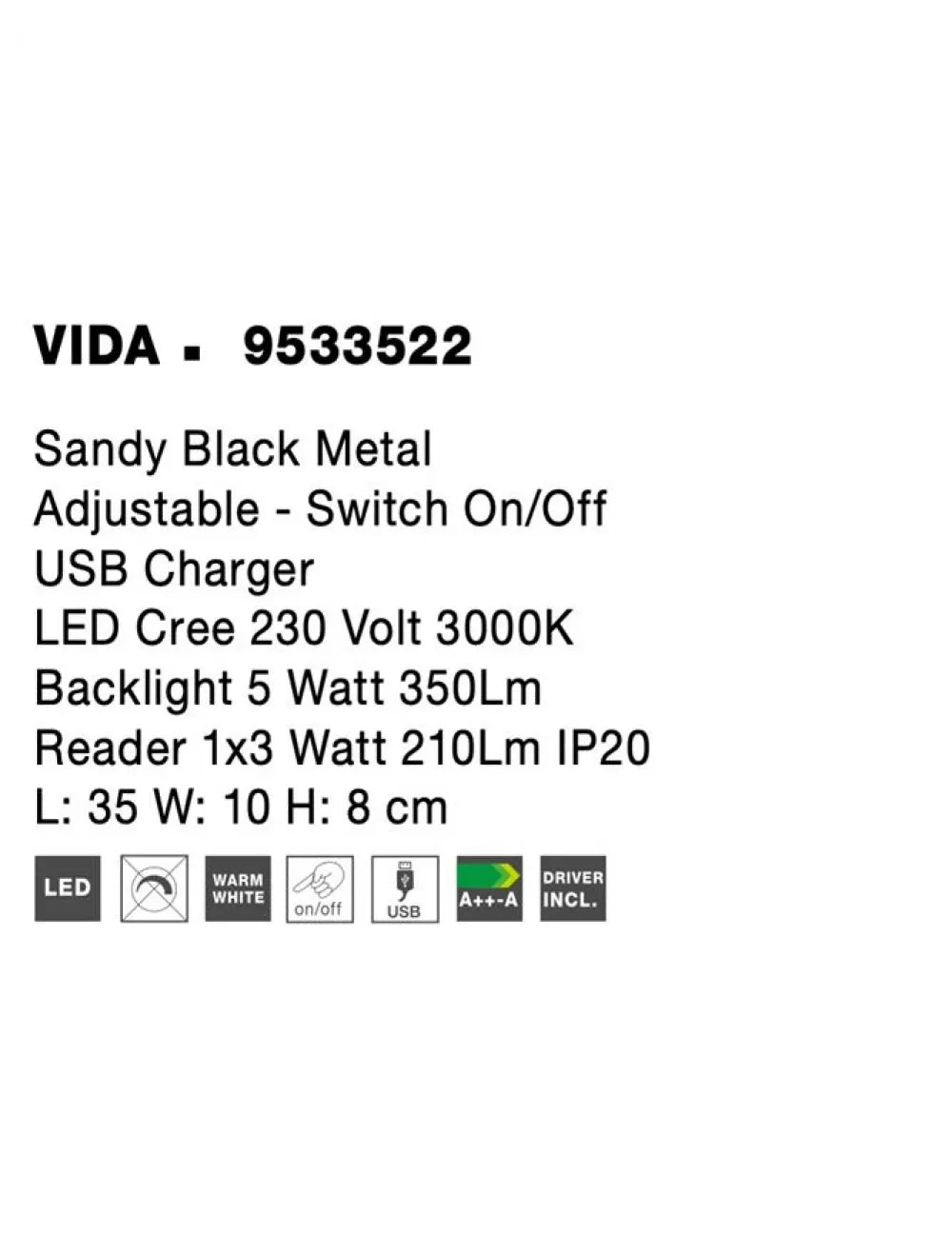 Aplica de perete din Metal Negru H8xL35cm IP20 8W 560lm 3000k VIDA