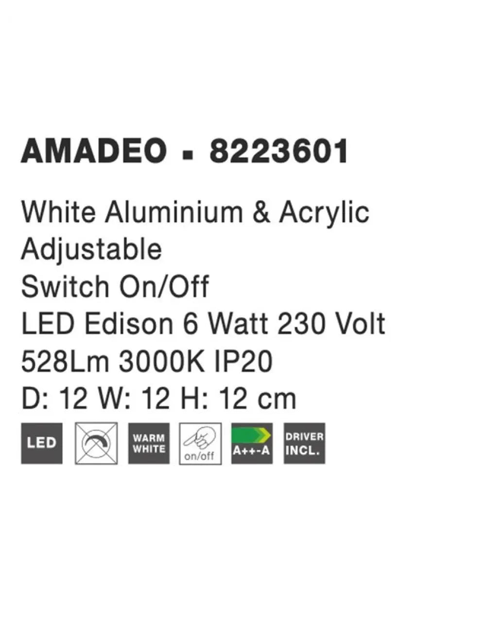 Aplica de perete structura din Aluminiu Alb si abajur din Acrilic Alb H12xL12cm IP20 6W 528lm 3000k AMADEO