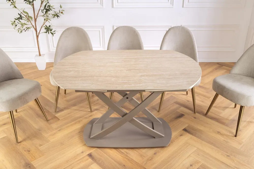 Masa extensibila din Ceramica Bej si Metal Grej L130-190xH75cm Inception