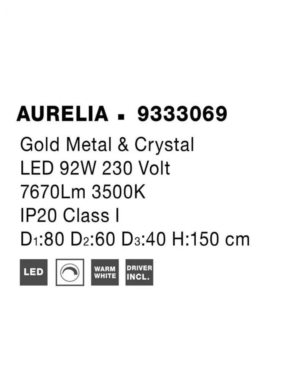 Candelabru structura din Metal Auriu si abajur din Cristal Transparent H150xL80cm IP20 92W 7670lm 3500k AURELIA