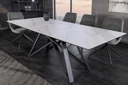 Masa din Sticla securizata/Ceramica Alb cu efect de marmura si Metal Negru L160-200xH77cm Atlas