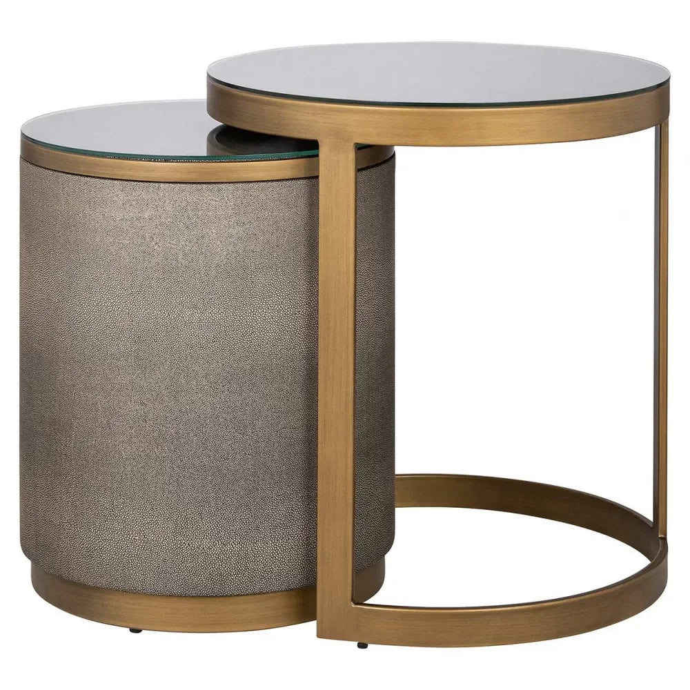 Set 2 masute de cafea Rotunda din Sticla Transparent si Metal/Piele ecologica Alama/Bej D40/50xH49/55cm Bloomville