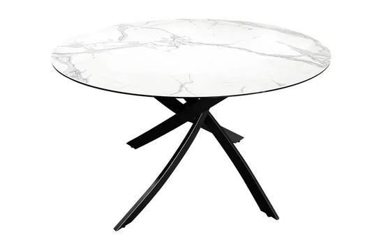 Masa rotunda din Sticla securizata/Ceramica Alb si Metal Negru D120xH74cm Alpine