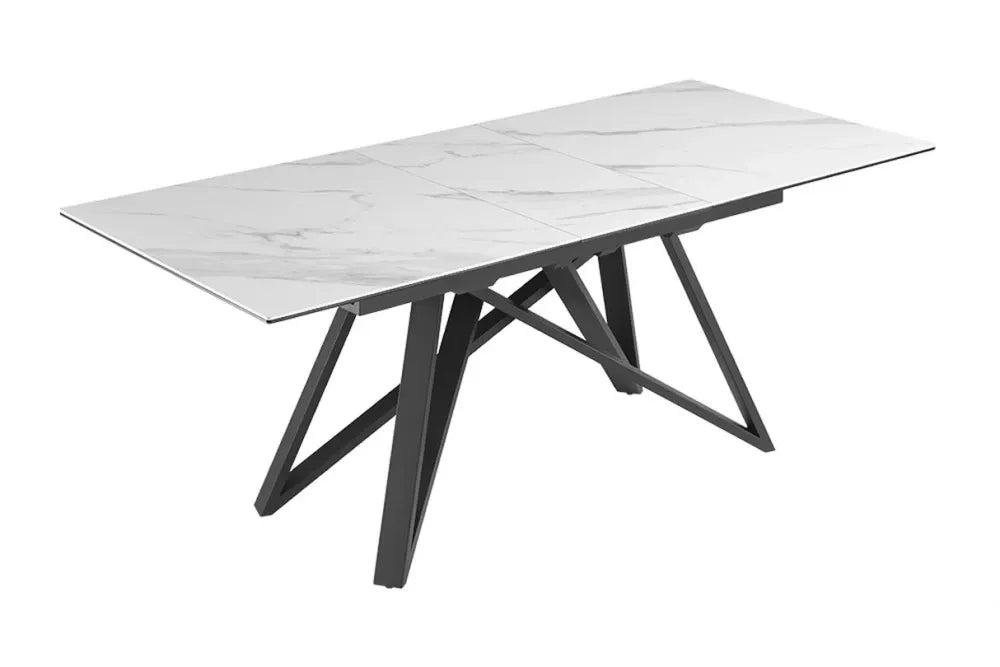 Masa din Sticla securizata/Ceramica Alb cu efect de marmura si Metal Negru L160-200xH77cm Atlas