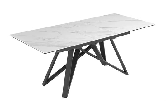 Masa din Sticla securizata/Ceramica Alb cu efect de marmura si Metal Negru L160-200xH77cm Atlas