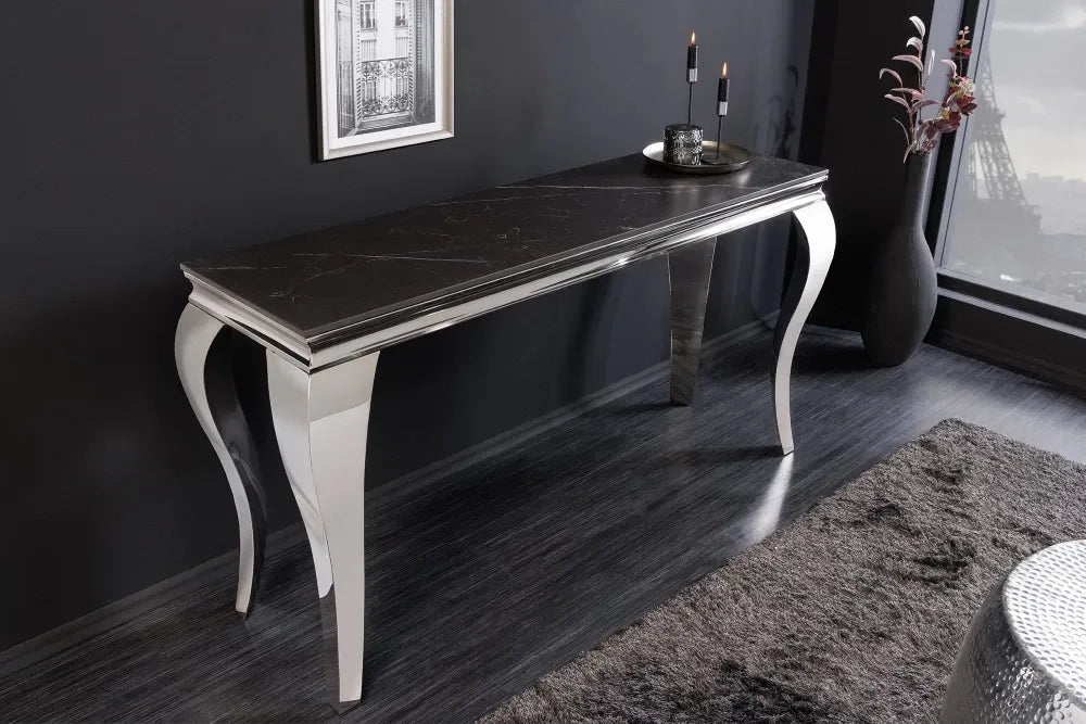 Consola din Piatra sinterizata Negru si Otel inoxidabil Argintiu L145xH75cm MODERN BAROCK