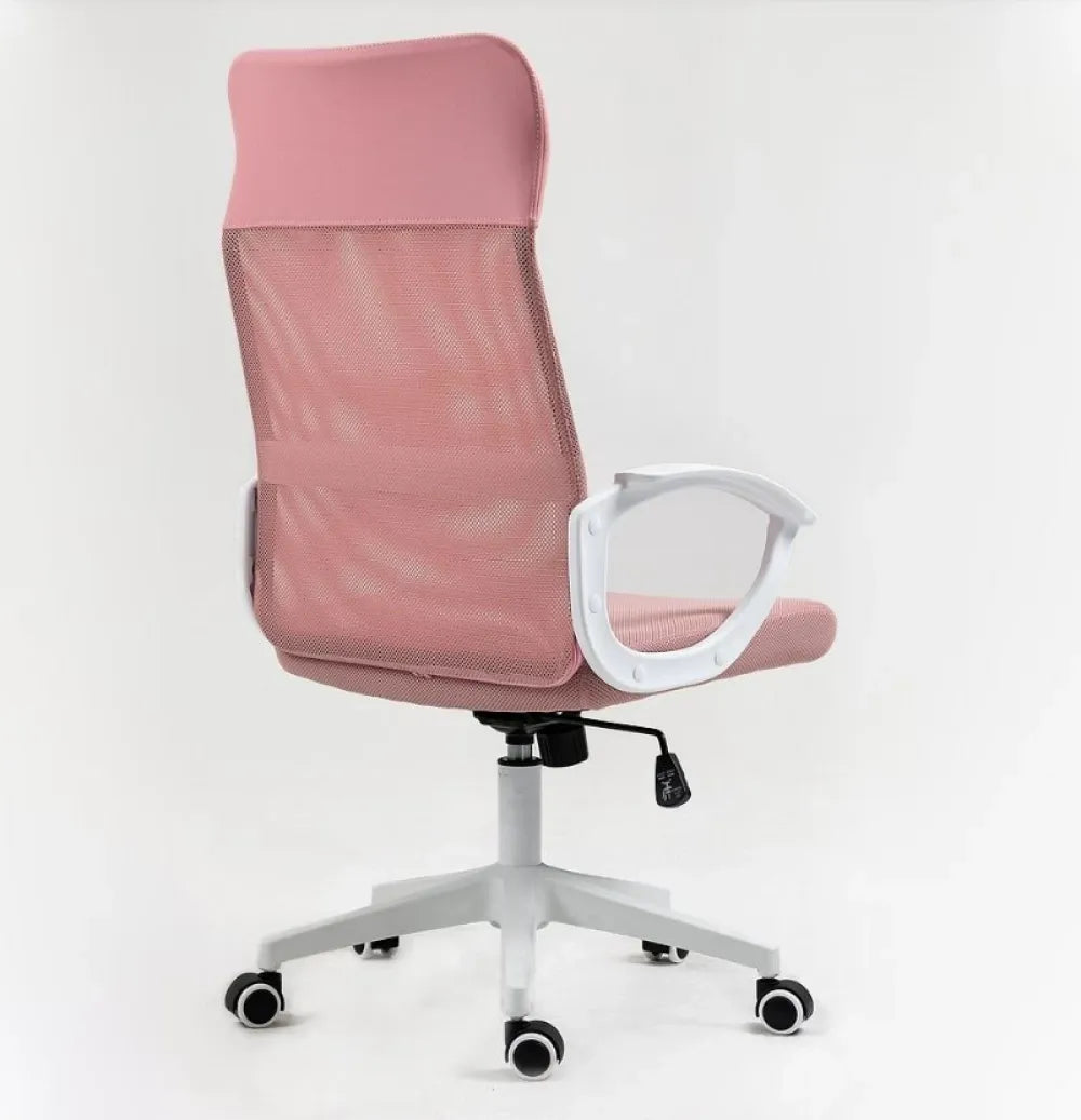Scaun de birou cu inaltime reglabila tapitat cu Stofa/plasa Roz cu picioare din Plastic Alb H107-117xL59xA48cm Q-026
