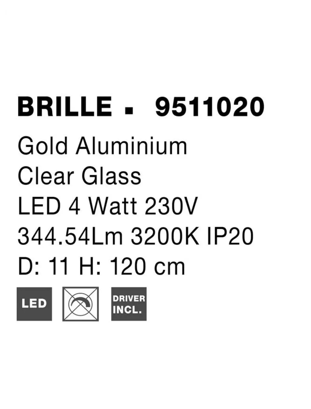 Pendul structura din Aluminiu Auriu si abajur din Acrilic Transparent H120xL11cm IP20 7W 344lm 3200k BRILLE