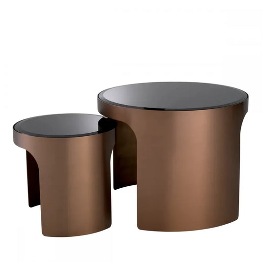 Set 2 masute laterale Rotunde din Otel inoxidabil Cupru si Sticla Negru D40/60xH38/46.5cm Piemonte Eichholtz