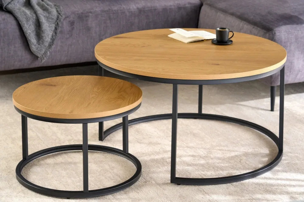 Set 2 masute de cafea din MDF Maro si Metal Negru D50/80xH34/45cm ELEGANCE