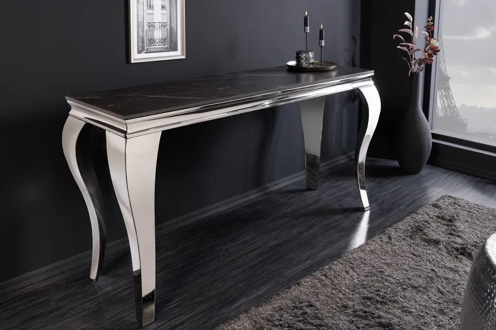 Consola din Piatra sinterizata Negru si Otel inoxidabil Argintiu L145xH75cm MODERN BAROCK