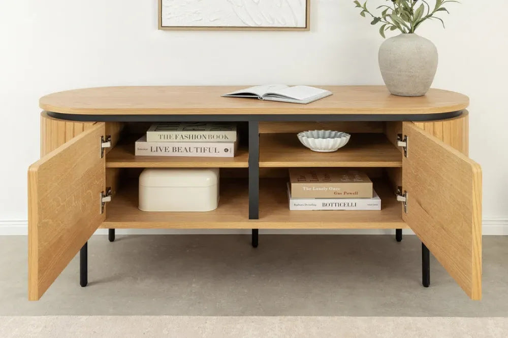 Comoda TV din MDF/Furnir de stejar Maro si Metal Negru L120xH55cm ATELIER