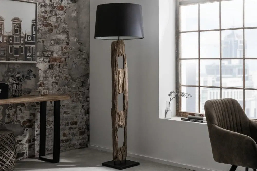 Lampa de podea din Lemn Maro si Textil Negru H177xD55cm Barracuda