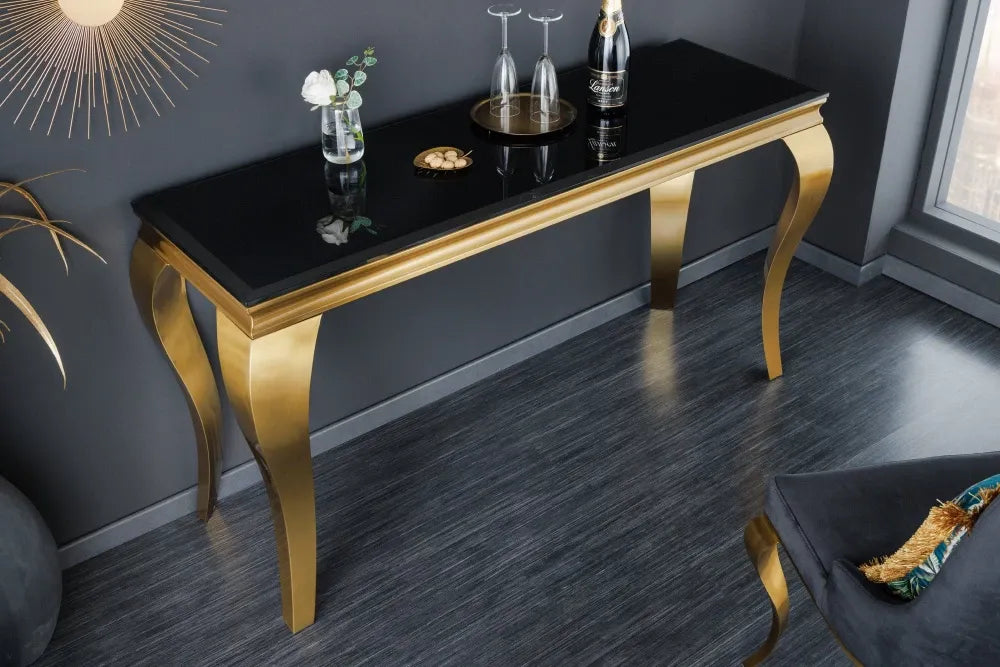 Consola din Sticla securizata Negru si Otel inoxidabil Auriu L145xH75cm MODERN BAROCK