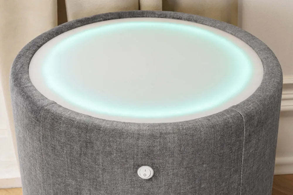 Noptiera rotunda cu iluminare din Catifea Gri si MDF Alb D45xH55cm SIGNUM