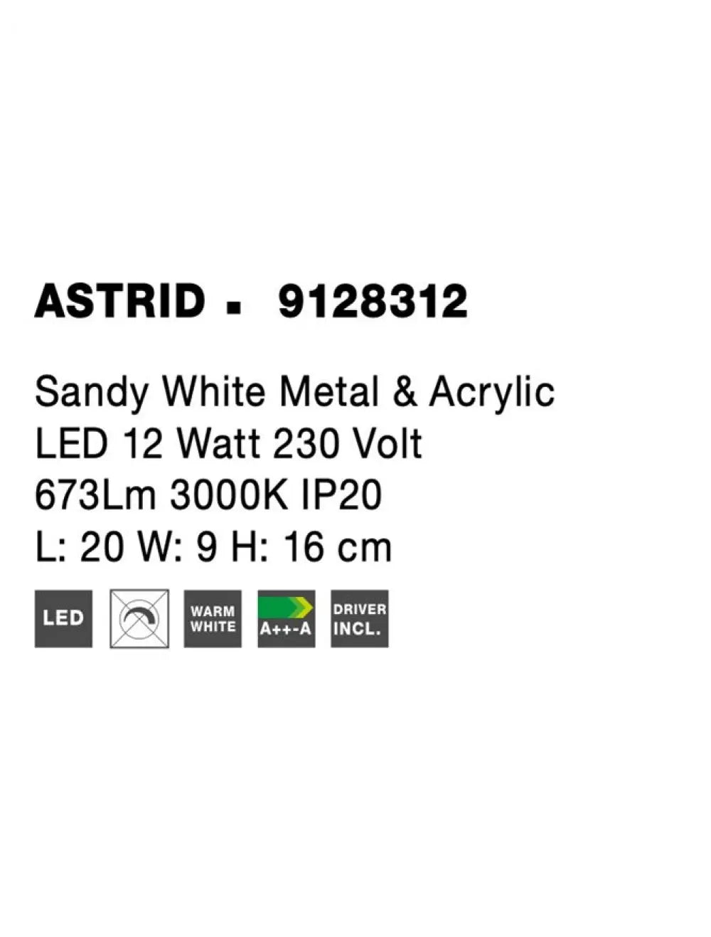 Aplica de perete structura din Metal Alb si abajur din Acrilic  H16xL20cm IP20 12W 673lm 3000k ASTRID