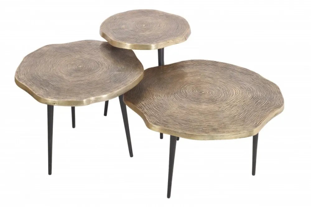 Set 3 masute laterale Asimetrice din Alama Auriu si Metal Negru L39/50/57xH37/43/49cm Organic