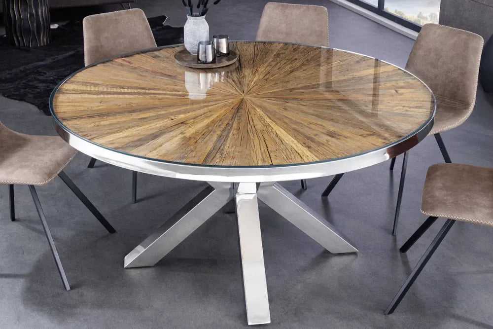 Masa rotunda din Lemn de tec/Sticla securizata Maro/Transparent si Otel inoxidabil Argintiu D120xH76cm Barracuda