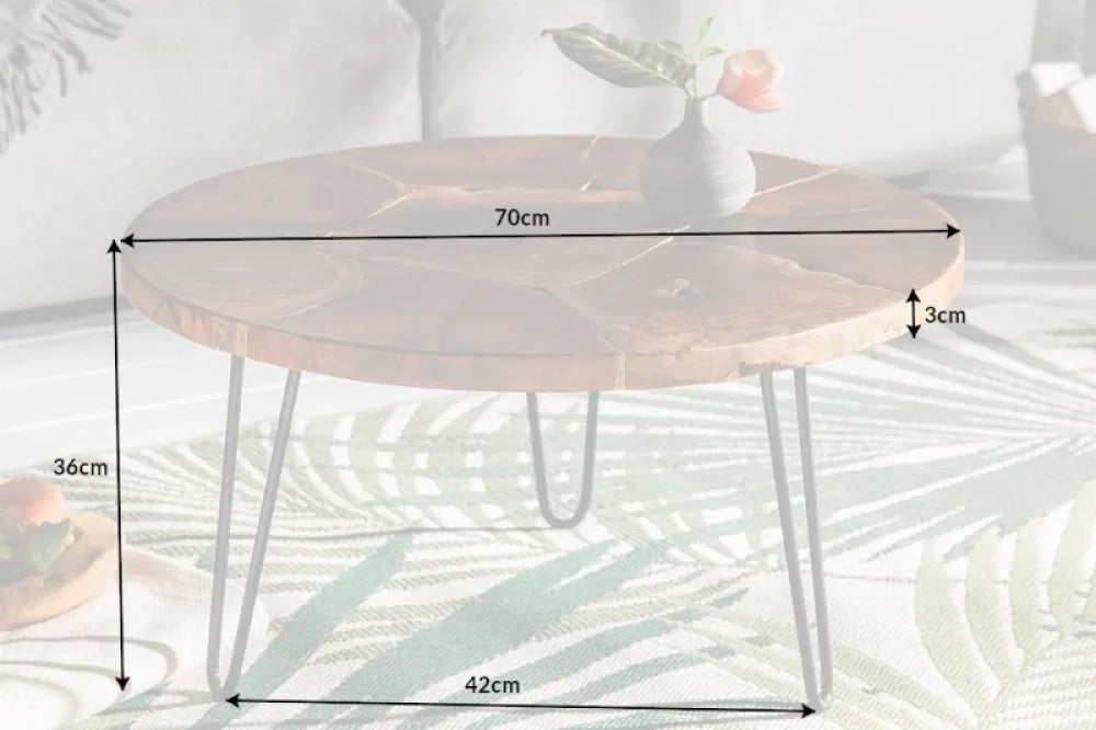 Masuta de cafea Rotunda din Lemn masiv de tec Maro si Metal Negru D70xH36cm Mosaik
