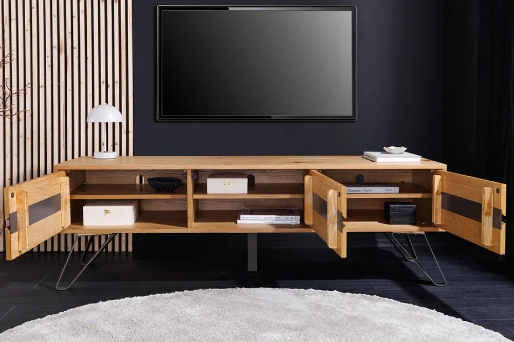 Comoda TV din Lemn de stejar Maro si Metal Negru L160xH52cm LIVING EDGE