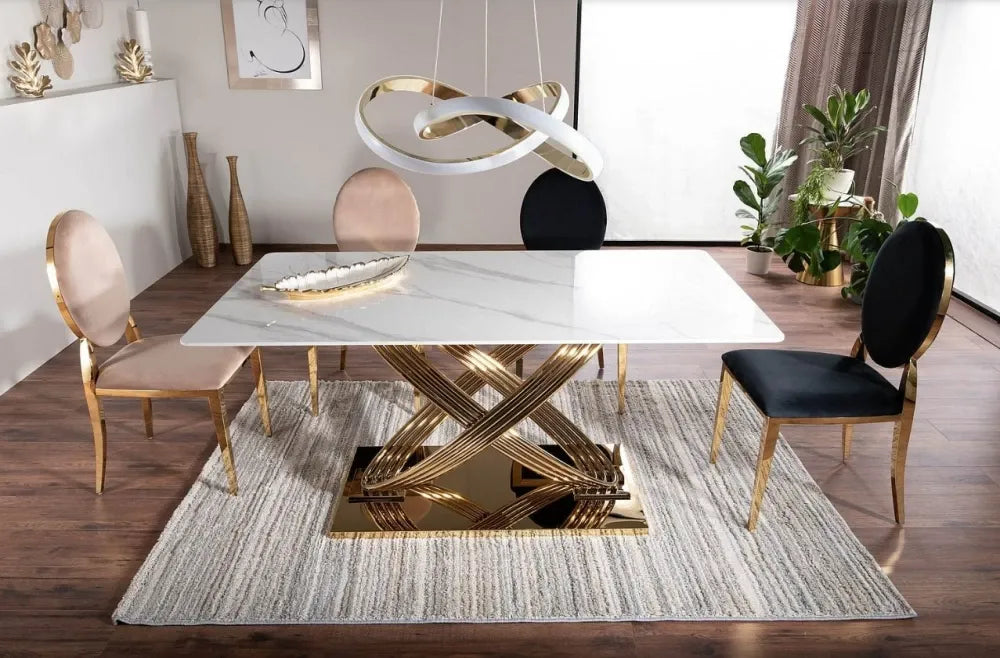 Masa cu blat din Ceramica cu efect de marmura Alb cu baza din Otel inoxidabil Auriu L160x75cm Hermes