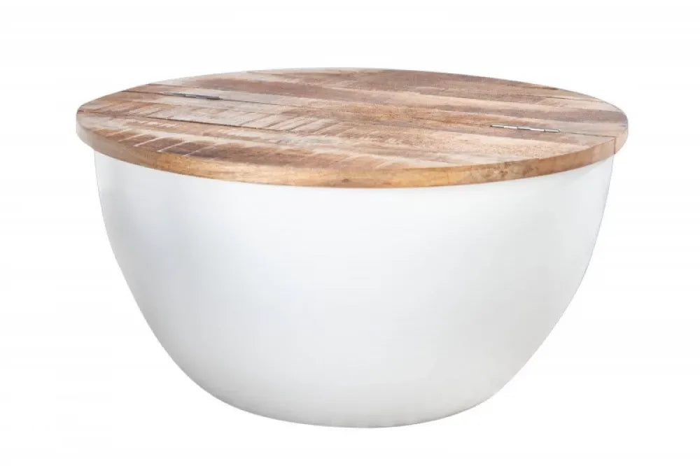 Masuta de cafea Rotunda din Lemn masiv de sheesham Maro si Metal Alb D60xH30cm Industrial Storage