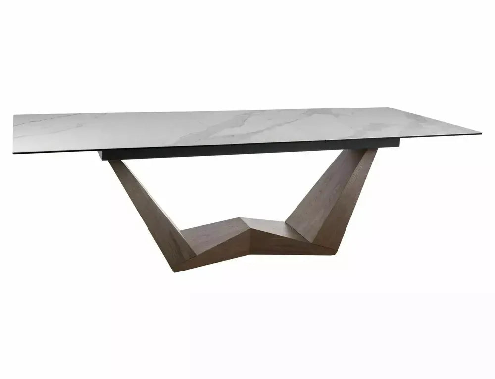 Masa Dreptunghiulara de 12 persoane din Sticla securizata+Ceramica Alb mat cu efect de marmura si MDF+furnir Maro L200-250xH76cm Bonucci