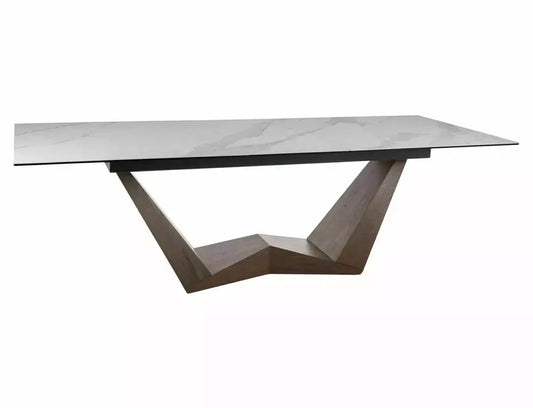 Masa Dreptunghiulara de 12 persoane din Sticla securizata+Ceramica Alb mat cu efect de marmura si MDF+furnir Maro L200-250xH76cm Bonucci